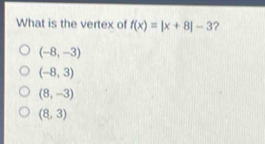 what is the vertex of f(x) = |x + 8| - 3?\n(-8, -3)\n(-8, 3)\n(8, -3)\n(8, 3)