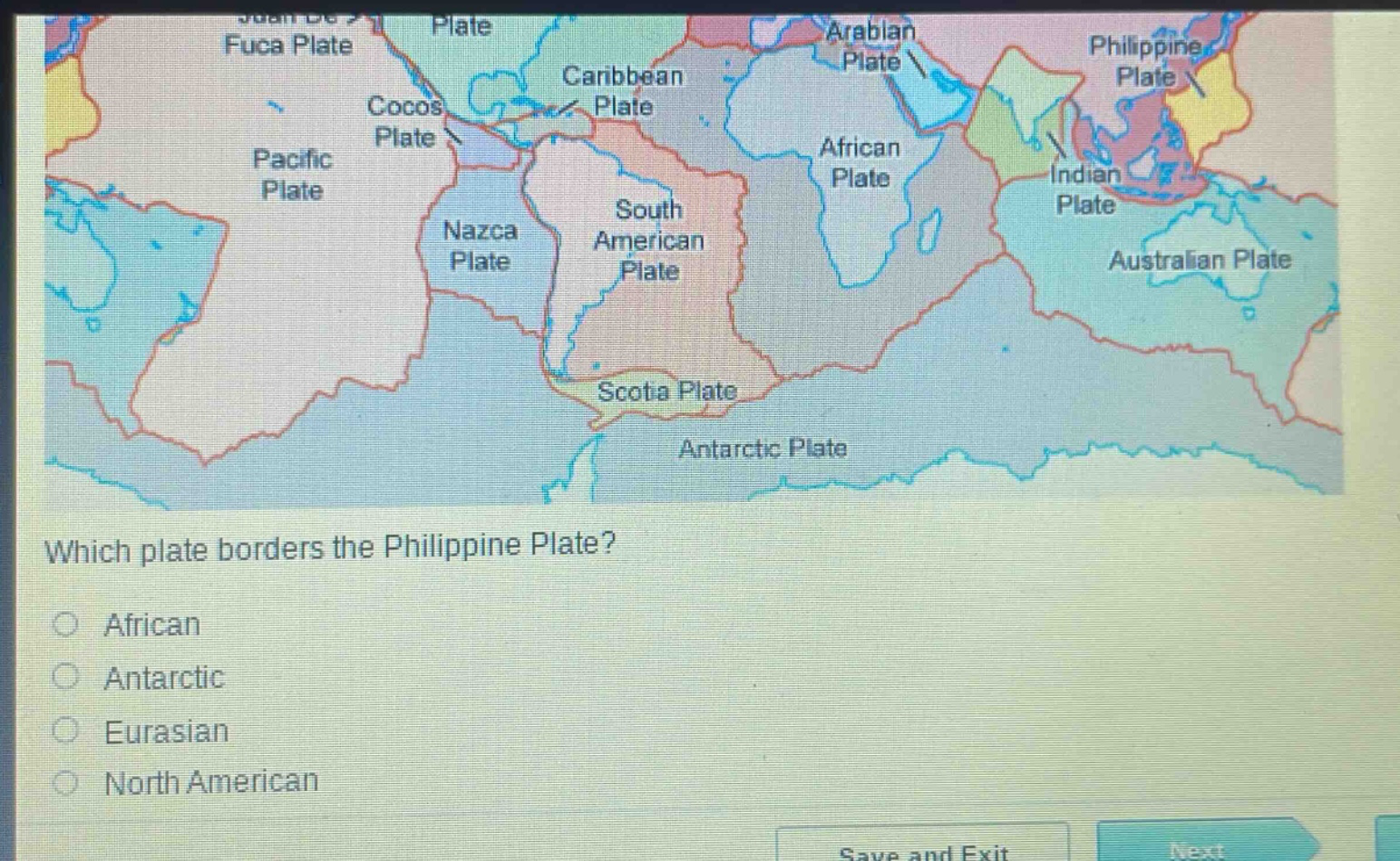 which plate borders the philippine plate?\n○ african\n○ antarctic\n○ eurasian\n○ north american