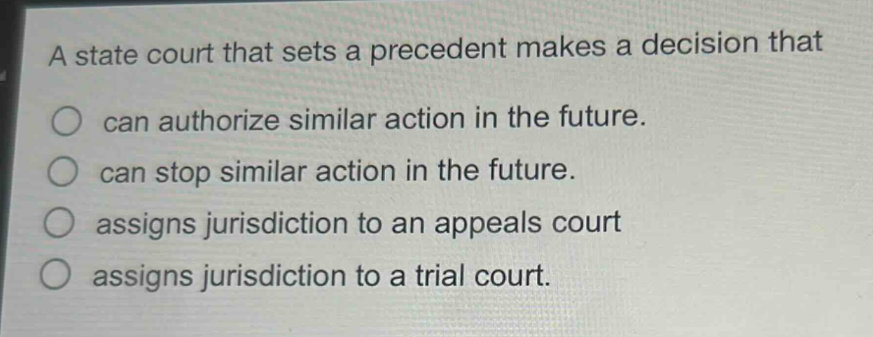a state court that sets a precedent makes a decision that\ncan authorize similar action in the future.\ncan stop similar action in the future.\nassigns jurisdiction to an appeals court\nassigns jurisdiction to a trial court.