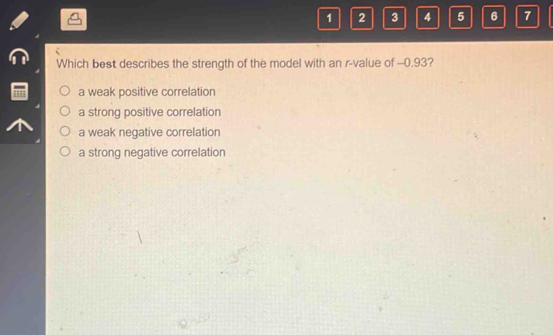 which best describes the strength of the model with an r - value of -0.93?\n a weak positive correlation\n a strong positive correlation\n a weak negative correlation\n a strong negative correlation