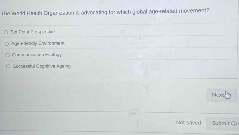 the world health organization is advocating for which global age - related movement?\nset point perspective\nage friendly environment\ncommunication ecology\nsuccessful cognitive ageing