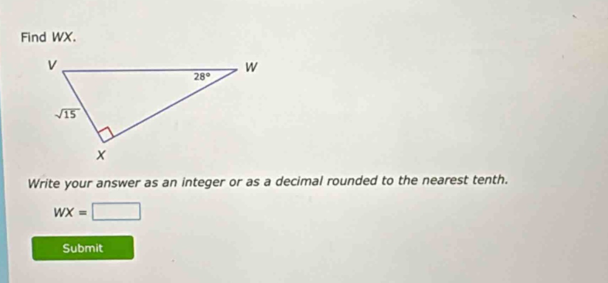 find wx.\nwrite your answer as an integer or as a decimal rounded to the nearest tenth.\nwx = \nsubmit