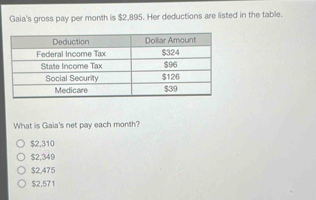 gaias gross pay per month is $2,895. her deductions are listed in the table.\n| deduction | dollar amount |\n|--|--| \n| federal income tax | $324 |\n| state income tax | $96 |\n| social security | $126 |\n| medicare | $39 |\nwhat is gaias net pay each month?\n$2,310\n$2,349\n$2,475\n$2,571