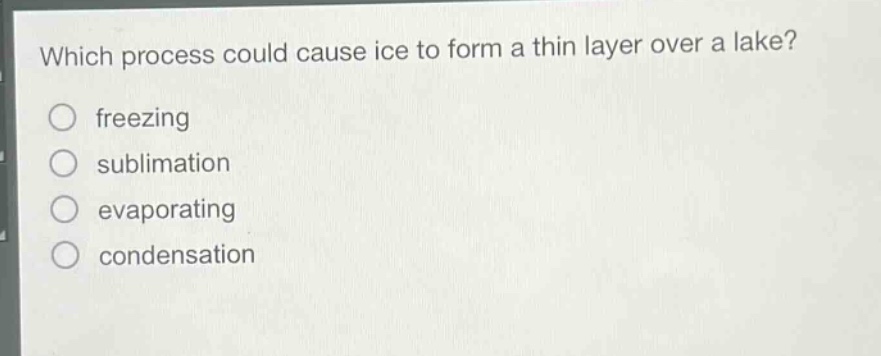 which process could cause ice to form a thin layer over a lake?\nfreezing\nsublimation\nevaporating\ncondensation