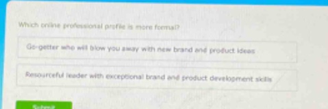 which online professional profile is more formal?\ngo - getter who will blow you away with new brand and product ideas\nresourceful leader with exceptional brand and product development skills