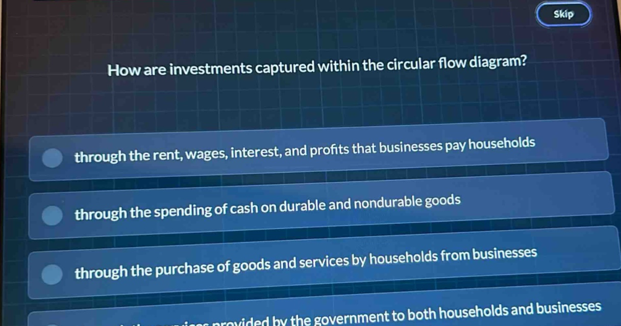 how are investments captured within the circular flow diagram?\nthrough the rent, wages, interest, and profits that businesses pay households\nthrough the spending of cash on durable and nondurable goods\nthrough the purchase of goods and services by households from businesses