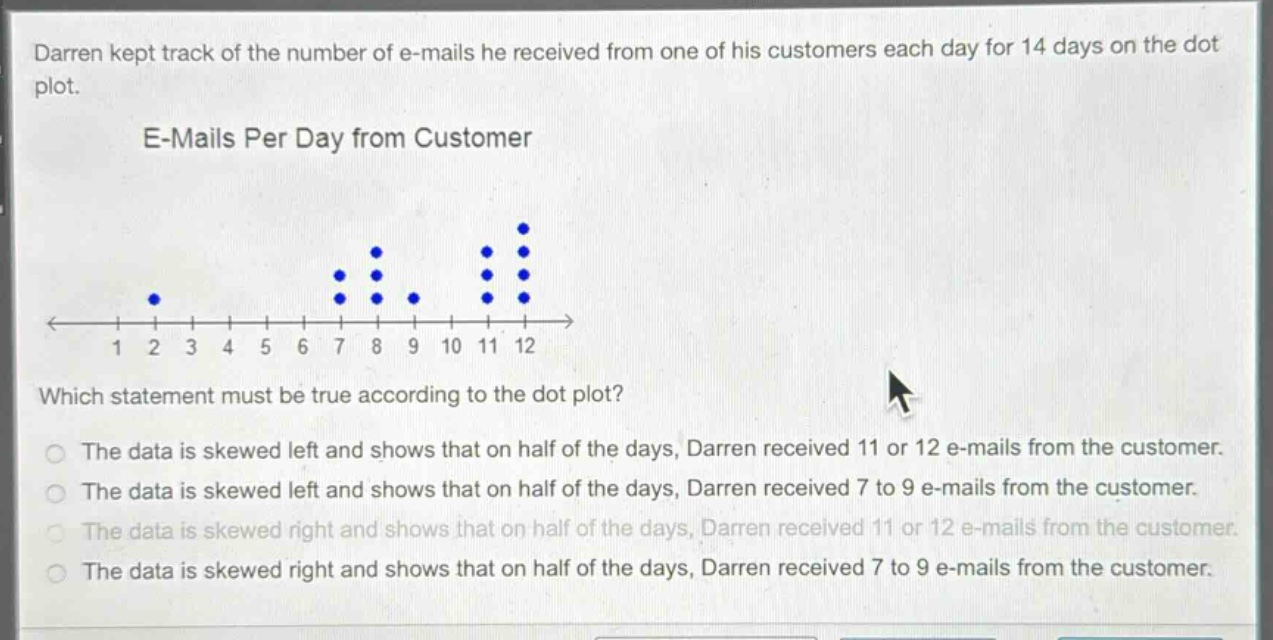 darren kept track of the number of e - mails he received from one of his customers each day for 14 days on the dot plot.\ne - mails per day from customer\nwhich statement must be true according to the dot plot?\nthe data is skewed left and shows that on half of the days, darren received 11 or 12 e - mails from the customer.\nthe data is skewed left and shows that on half of the days, darren received 7 to 9 e - mails from the customer.\nthe data is skewed right and shows that on half of the days, darren received 11 or 12 e - mails from the customer.\nthe data is skewed right and shows that on half of the days, darren received 7 to 9 e - mails from the customer.