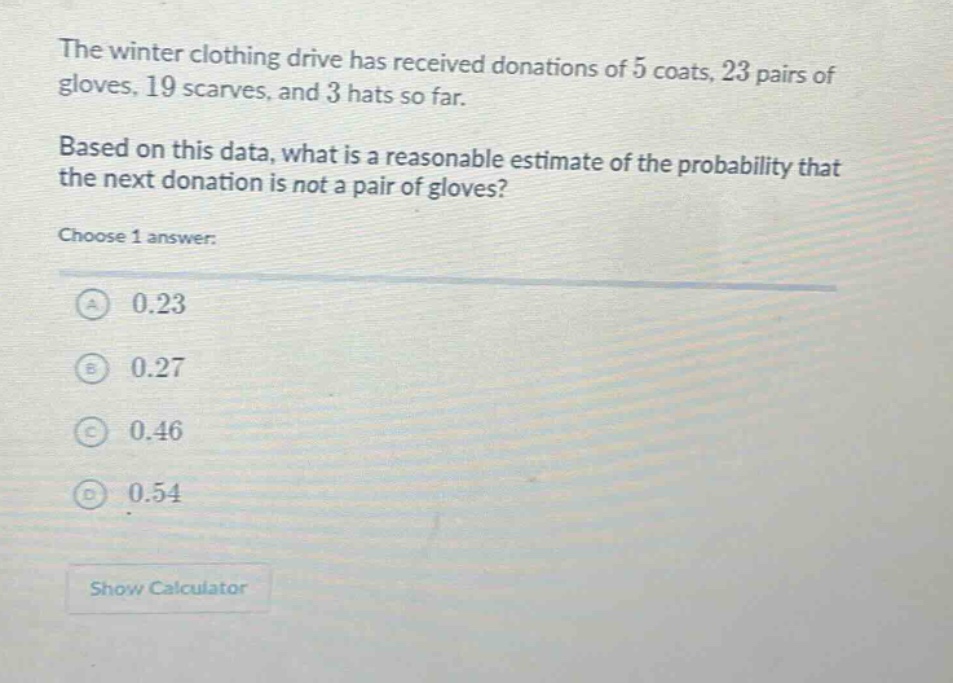 the winter clothing drive has received donations of 5 coats, 23 pairs of gloves, 19 scarves, and 3 hats so far. based on this data, what is a reasonable estimate of the probability that the next donation is not a pair of gloves? choose 1 answer: a 0.23 b 0.27 c 0.46 d 0.54