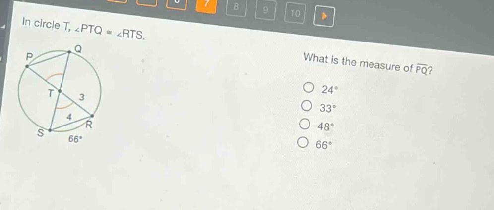 in circle t, ∠ptq ≅ ∠rts. what is the measure of $overline{pq}$? 24° 33° 48° 66°