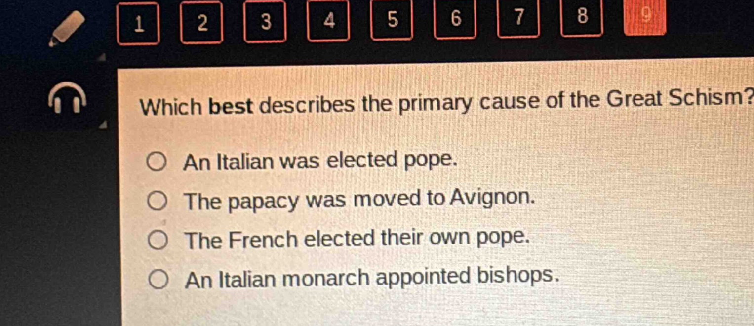 which best describes the primary cause of the great schism?\no an italian was elected pope.\no the papacy was moved to avignon.\no the french elected their own pope.\no an italian monarch appointed bishops.