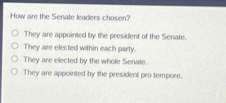 how are the senate leaders chosen?\no they are appointed by the president of the senate.\no they are elected within each party.\no they are elected by the whole senate.\no they are appointed by the president pro tempore.