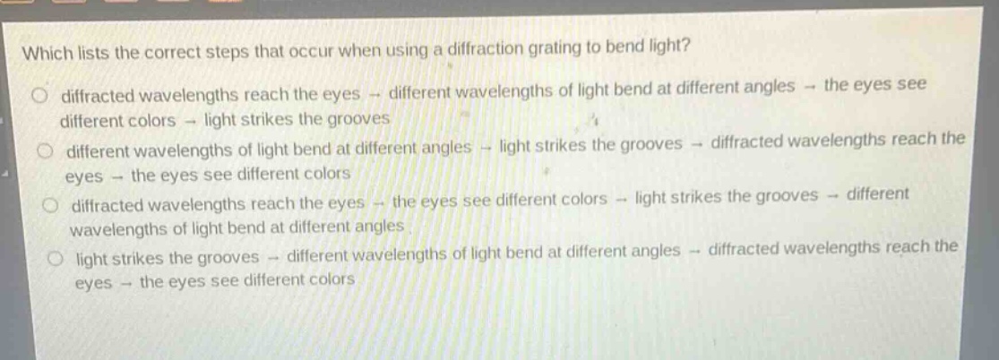 which lists the correct steps that occur when using a diffraction grating to bend light?\no diffracted wavelengths reach the eyes → different wavelengths of light bend at different angles → the eyes see different colors → light strikes the grooves\no different wavelengths of light bend at different angles → light strikes the grooves → diffracted wavelengths reach the eyes → the eyes see different colors\no diffracted wavelengths reach the eyes → the eyes see different colors → light strikes the grooves → different wavelengths of light bend at different angles\no light strikes the grooves → different wavelengths of light bend at different angles → diffracted wavelengths reach the eyes → the eyes see different colors