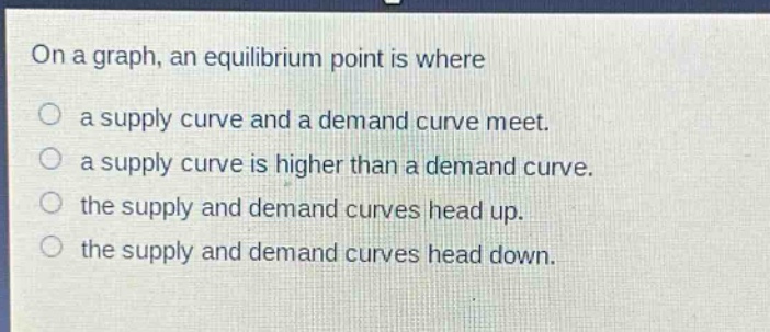 on a graph, an equilibrium point is where\no a supply curve and a demand curve meet.\no a supply curve is higher than a demand curve.\no the supply and demand curves head up.\no the supply and demand curves head down.