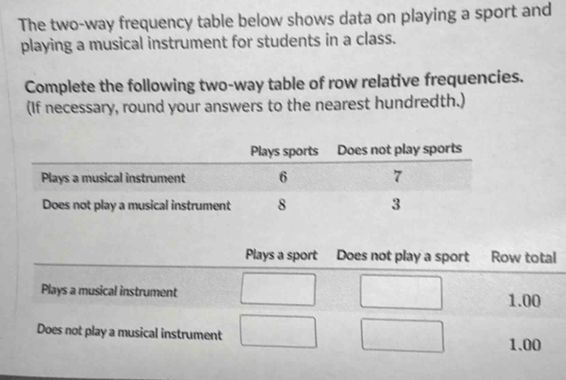 the two - way frequency table below shows data on playing a sport and playing a musical instrument for students in a class. complete the following two - way table of row relative frequencies. (if necessary, round your answers to the nearest hundredth.) plays sports does not play sports plays a musical instrument 6 7 does not play a musical instrument 8 3 plays a sport does not play a sport row total plays a musical instrument 1.00 does not play a musical instrument 1.00