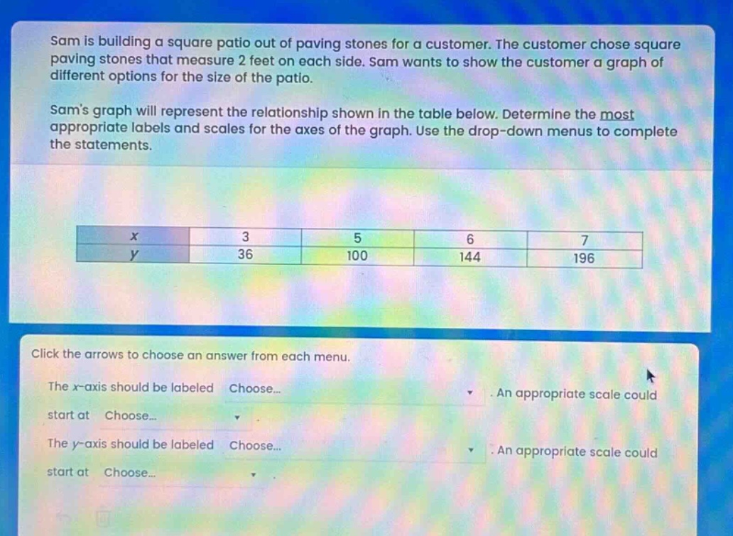 sam is building a square patio out of paving stones for a customer. the customer chose square paving stones that measure 2 feet on each side. sam wants to show the customer a graph of different options for the size of the patio. sams graph will represent the relationship shown in the table below. determine the most appropriate labels and scales for the axes of the graph. use the drop - down menus to complete the statements.\n\n| x | 3 | 5 | 6 | 7 |\n| y | 36 | 100 | 144 | 196 |\n\nclick the arrows to choose an answer from each menu.\nthe x - axis should be labeled choose... . an appropriate scale could start at choose... .\nthe y - axis should be labeled choose... . an appropriate scale could start at choose... .