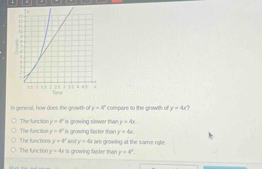 in general, how does the growth of y = 4^x compare to the growth of y = 4x?\nthe function y = 4^x is growing slower than y = 4x.\nthe function y = 4^x is growing faster than y = 4x.\nthe functions y = 4^x and y = 4x are growing at the same rate.\nthe function y = 4x is growing faster than y = 4^x.