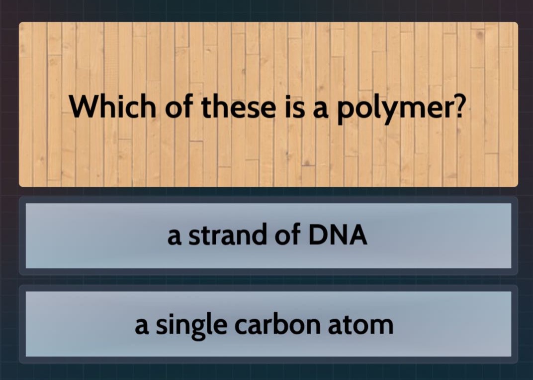 which of these is a polymer?\na strand of dna\na single carbon atom