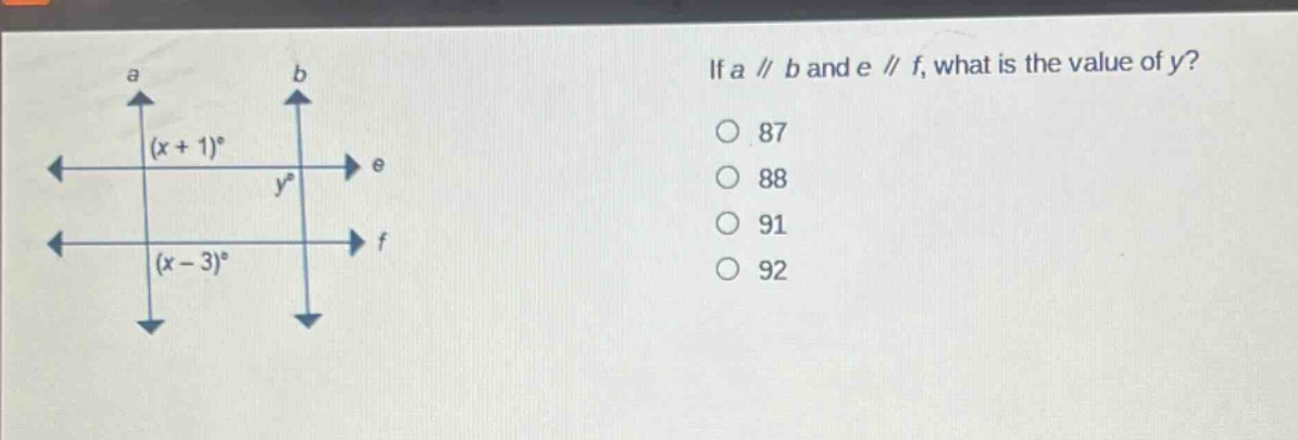 if a // b and e // f, what is the value of y?\n87\n88\n91\n92