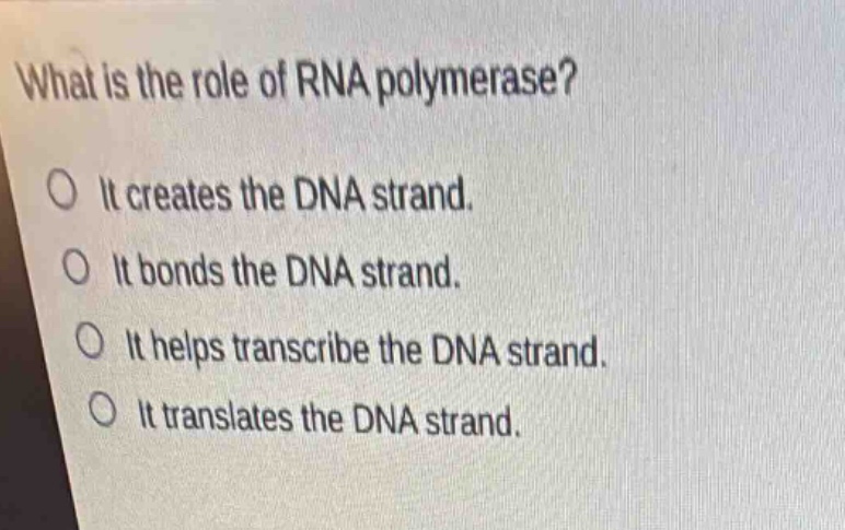 what is the role of rna polymerase?\no it creates the dna strand.\no it bonds the dna strand.\no it helps transcribe the dna strand.\no it translates the dna strand.