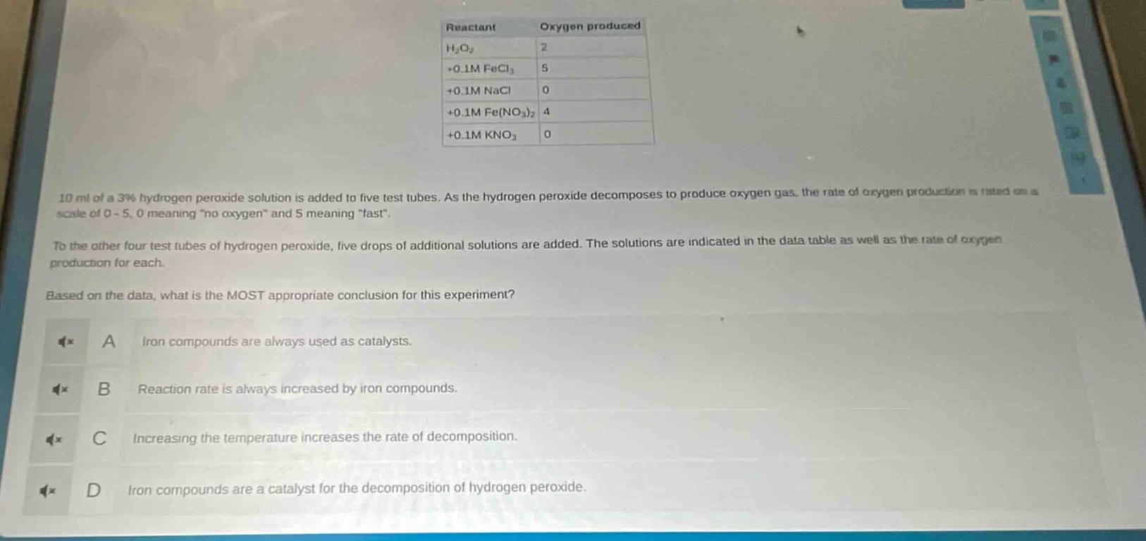 10 ml of a 3% hydrogen peroxide solution is added to five test tubes. as the hydrogen peroxide decomposes to produce oxygen gas, the rate of oxygen production is rated on a scale of 0 - 5, 0 meaning \no oxygen\ and 5 meaning \fast\.\nto the other four test tubes of hydrogen peroxide, five drops of additional solutions are added. the solutions are indicated in the data table as well as the rate of oxygen production for each.\nbased on the data, what is the most appropriate conclusion for this experiment?\na iron compounds are always used as catalysts.\nb reaction rate is always increased by iron compounds.\nc increasing the temperature increases the rate of decomposition.\nd iron compounds are a catalyst for the decomposition of hydrogen peroxide.