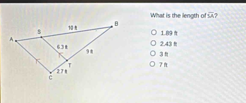 what is the length of $overline{sa}$?\n1.89 ft\n2.43 ft\n3 ft\n7 ft