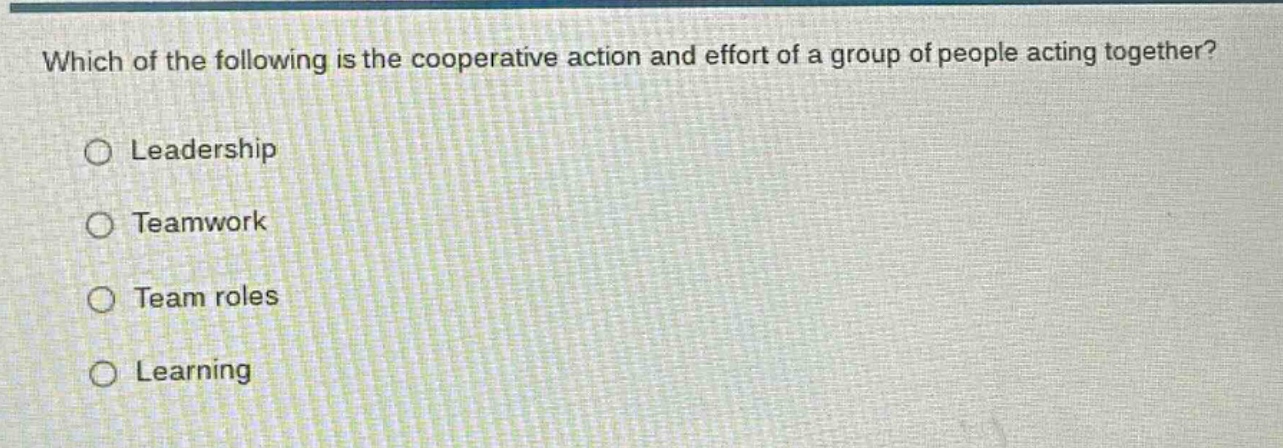 which of the following is the cooperative action and effort of a group of people acting together?\n○ leadership\n○ teamwork\n○ team roles\n○ learning