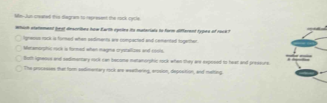 min - jun created this diagram to represent the rock cycle. which statement best describes how earth cycles its materials to form different types of rock? igneous rock is formed when sediments are compacted and cemented together. metamorphic rock is formed when magma crystallizes and cools. both igneous and sedimentary rock can become metamorphic rock when they are exposed to heat and pressure. the processes that form sedimentary rock are weathering, erosion, deposition, and melting.