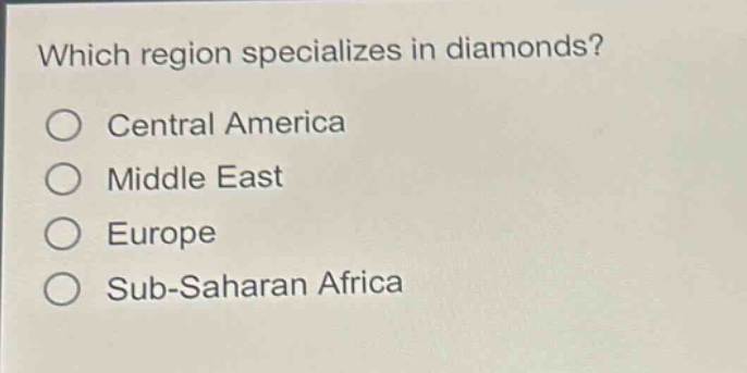 which region specializes in diamonds?\ncentral america\nmiddle east\neurope\nsub - saharan africa