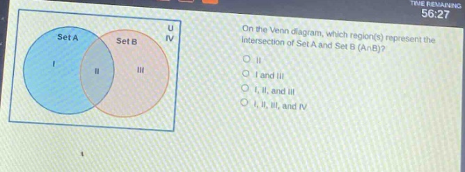 on the venn diagram, which region(s) represent the intersection of set a and set b (a∩b)?\no ii\no i and iii\no i, ii, and iii\no i, ii, iii, and iv