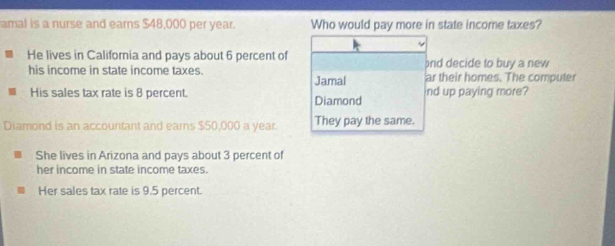 jamal is a nurse and earns $48,000 per year. he lives in california and pays about 6 percent of his income in state income taxes. his sales tax rate is 8 percent. diamond is an accountant and earns $50,000 a year. she lives in arizona and pays about 3 percent of her income in state income taxes. her sales tax rate is 9.5 percent. who would pay more in state income taxes? jamal, diamond, they pay the same.