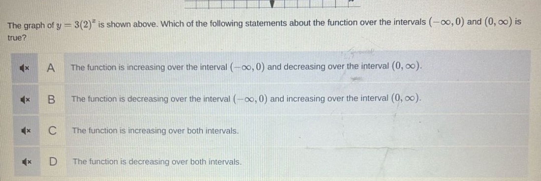 the graph of $y = 3(2)^{x}$ is shown above. which of the following statements about the function over the intervals $(-\\infty,0)$ and $(0,\\infty)$ is true?\na the function is increasing over the interval $(-\\infty,0)$ and decreasing over the interval $(0,\\infty)$.\nb the function is decreasing over the interval $(-\\infty,0)$ and increasing over the interval $(0,\\infty)$.\nc the function is increasing over both intervals.\nd the function is decreasing over both intervals.