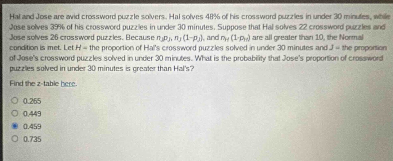 hal and jose are avid crossword - puzzle solvers. hal solves 48% of his crossword puzzles in under 30 minutes, while jose solves 39% of his crossword puzzles in under 30 minutes. suppose that hal solves 22 crossword puzzles and jose solves 26 crossword puzzles. because $n_jp_j$, $n_j(1 - p_j)$, and $n_h(1 - p_h)$ are all greater than 10, the normal condition is met. let $h$ = the proportion of hals crossword puzzles solved in under 30 minutes and $j$ = the proportion of joses crossword puzzles solved in under 30 minutes. what is the probability that joses proportion of crossword puzzles solved in under 30 minutes is greater than hals? find the z - table here. 0.265 0.449 0.459 0.735