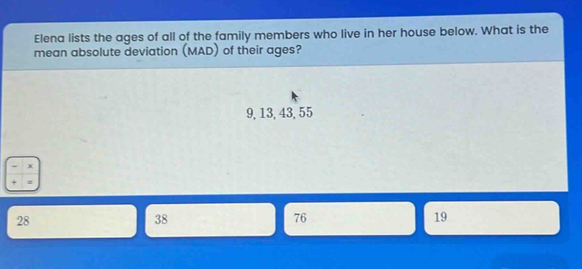 elena lists the ages of all of the family members who live in her house below. what is the mean absolute deviation (mad) of their ages? 9, 13, 43, 55