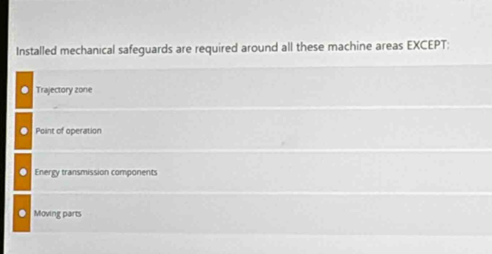 installed mechanical safeguards are required around all these machine areas except: trajectory zone point of operation energy transmission components moving parts