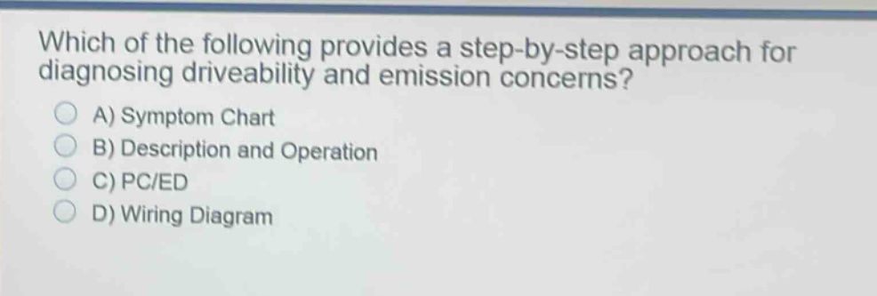 which of the following provides a step - by - step approach for diagnosing driveability and emission concerns?\na) symptom chart\nb) description and operation\nc) pc/ed\nd) wiring diagram