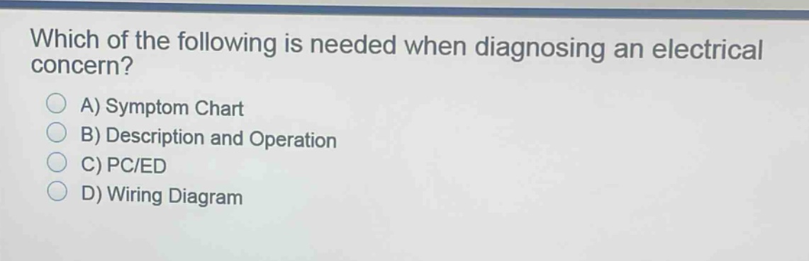 which of the following is needed when diagnosing an electrical concern?\na) symptom chart\nb) description and operation\nc) pc/ed\nd) wiring diagram