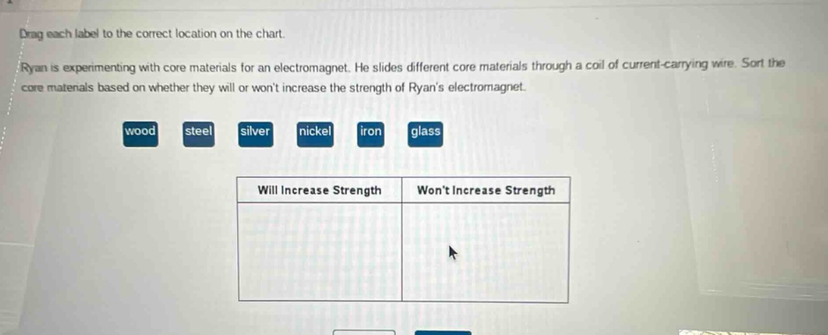 drag each label to the correct location on the chart. ryan is experimenting with core materials for an electromagnet. he slides different core materials through a coil of current - carrying wire. sort the core materials based on whether they will or wont increase the strength of ryans electromagnet. wood steel silver nickel iron glass will increase strength wont increase strength