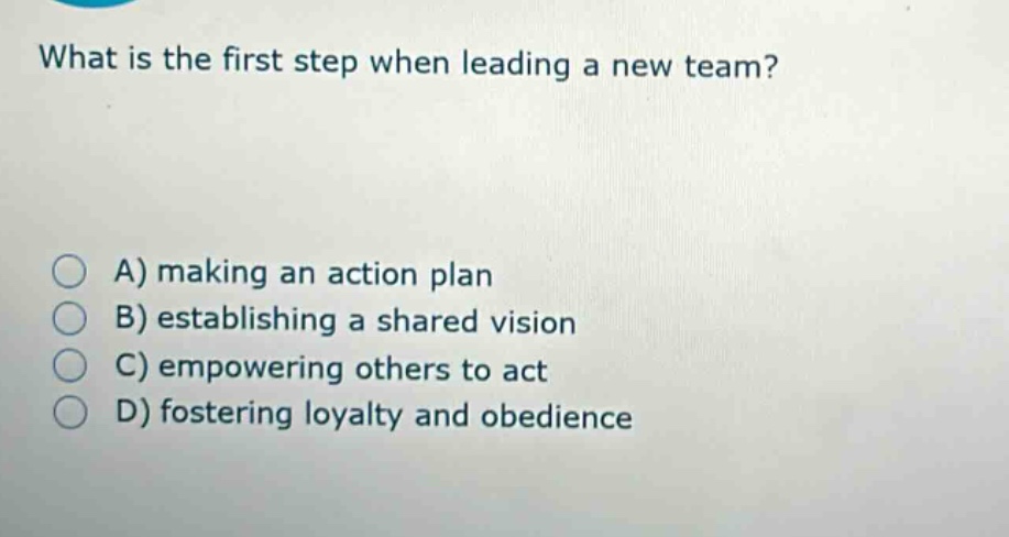 what is the first step when leading a new team?\na) making an action plan\nb) establishing a shared vision\nc) empowering others to act\nd) fostering loyalty and obedience