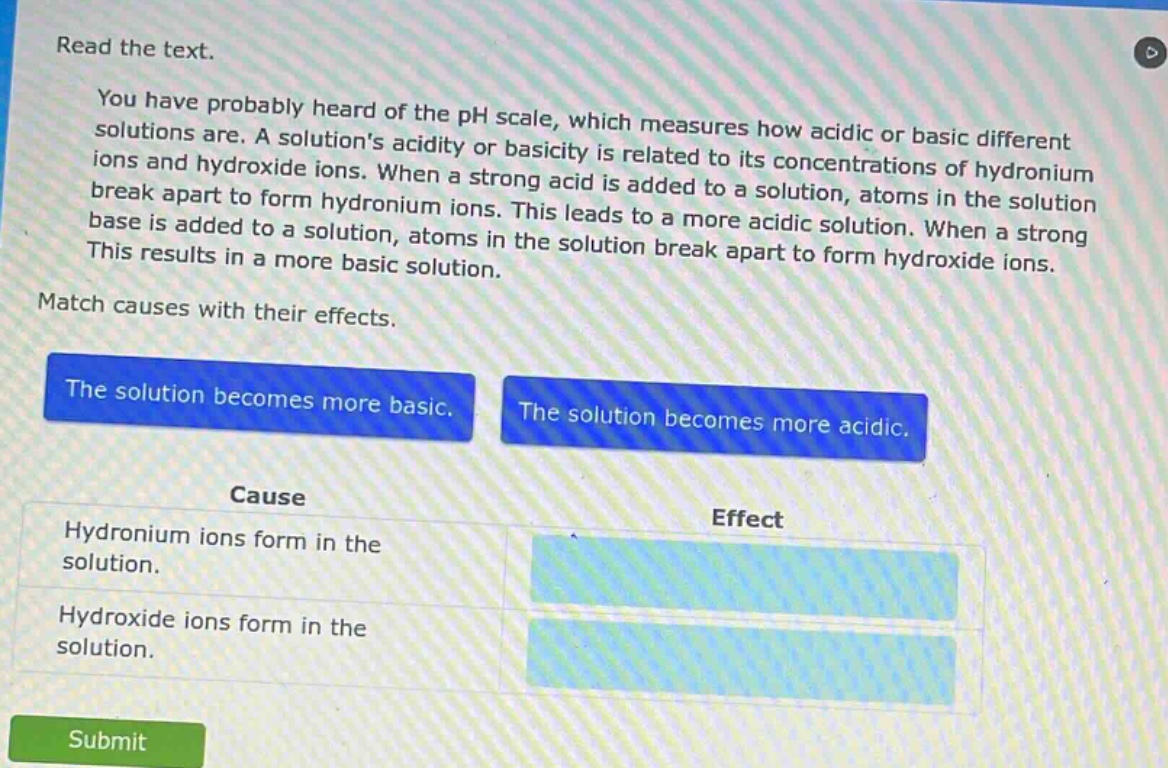 read the text.\nyou have probably heard of the ph scale, which measures how acidic or basic different solutions are. a solutions acidity or basicity is related to its concentrations of hydronium ions and hydroxide ions. when a strong acid is added to a solution, atoms in the solution break apart to form hydronium ions. this leads to a more acidic solution. when a strong base is added to a solution, atoms in the solution break apart to form hydroxide ions. this results in a more basic solution.\nmatch causes with their effects.\nthe solution becomes more basic.\nthe solution becomes more acidic.\ncause\neffect\nhydronium ions form in the solution.\nhydroxide ions form in the solution.