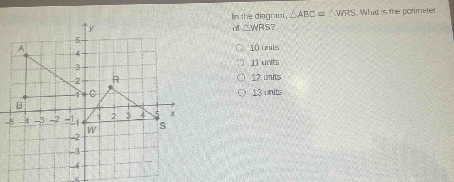 in the diagram, △abc ≅ △wrs. what is the perimeter of △wrs?\n10 units\n11 units\n12 units\n13 units
