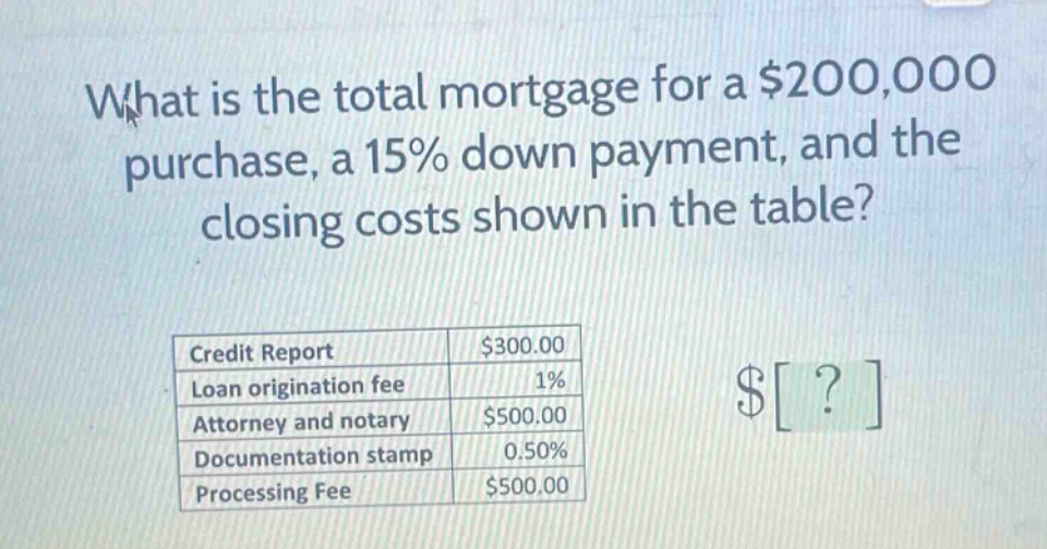 what is the total mortgage for a $200,000 purchase, a 15% down payment, and the closing costs shown in the table?\n| credit report | $300.00 |\n| loan origination fee | 1% |\n| attorney and notary | $500.00 |\n| documentation stamp | 0.50% |\n| processing fee | $500.00 |