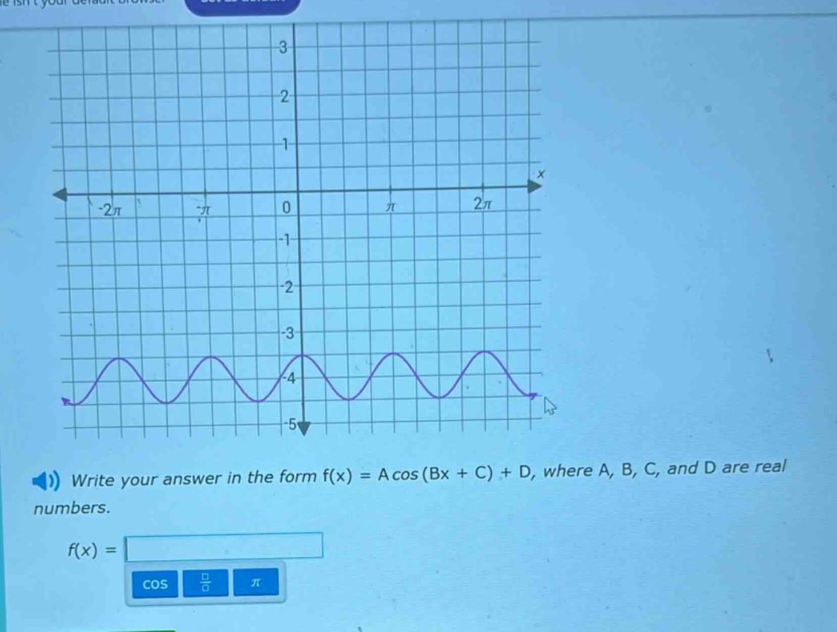 write your answer in the form f(x) = a cos (bx + c) + d, where a, b, c, and d are real numbers.\nf(x) =