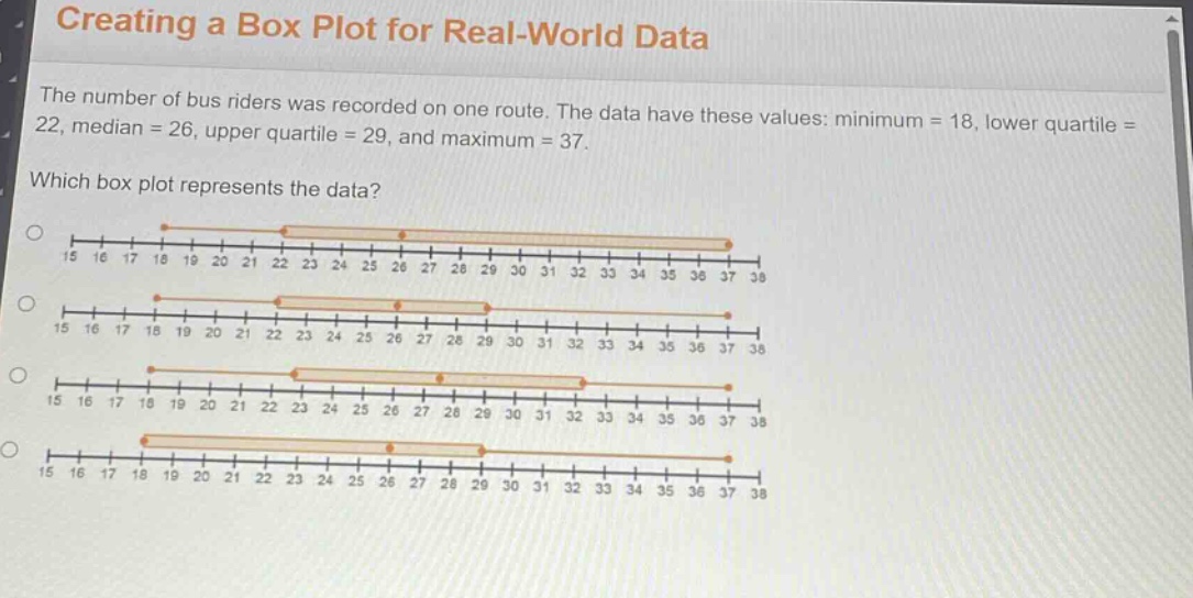creating a box plot for real - world data\nthe number of bus riders was recorded on one route. the data have these values: minimum = 18, lower quartile = 22, median = 26, upper quartile = 29, and maximum = 37.\nwhich box plot represents the data?