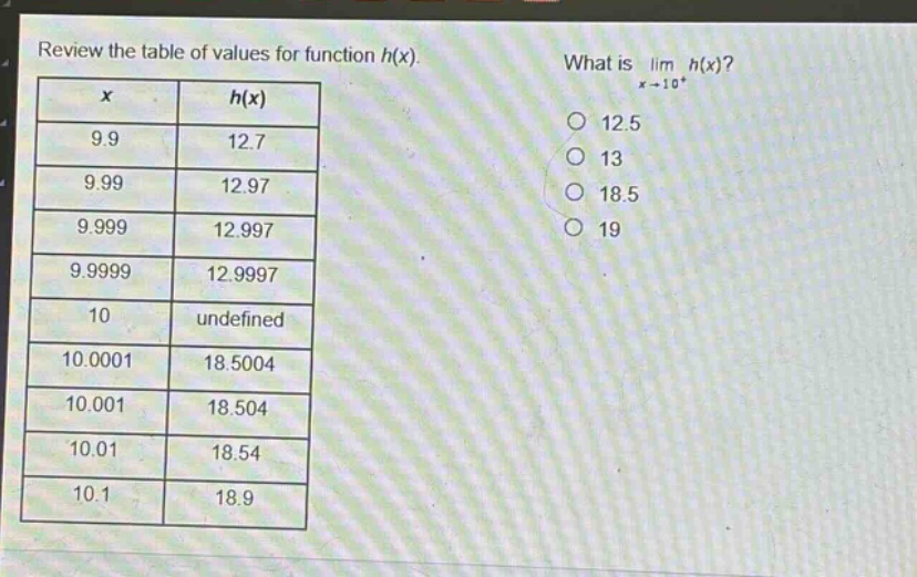 review the table of values for function h(x). what is lim h(x)? x→10+ \n|x|h(x)|\n|9.9|12.7|\n|9.99|12.97|\n|9.999|12.997|\n|9.9999|12.9997|\n|10|undefined|\n|10.0001|18.5004|\n|10.001|18.504|\n|10.01|18.54|\n|10.1|18.9|\n12.5\n13\n18.5\n19
