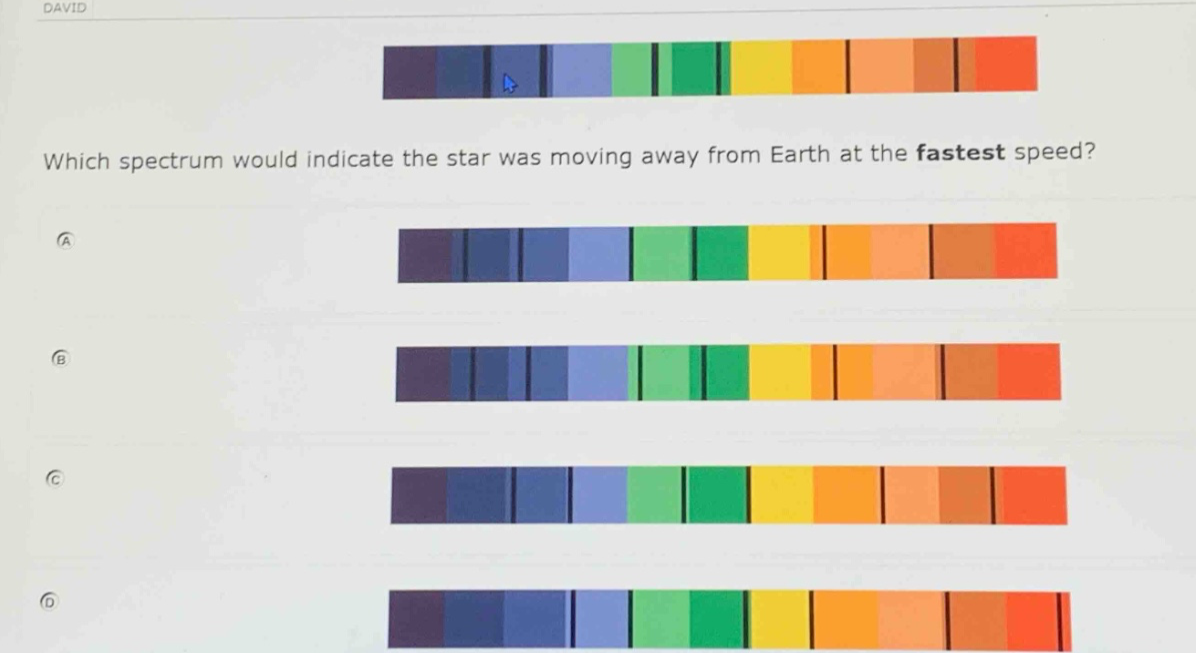 which spectrum would indicate the star was moving away from earth at the fastest speed?