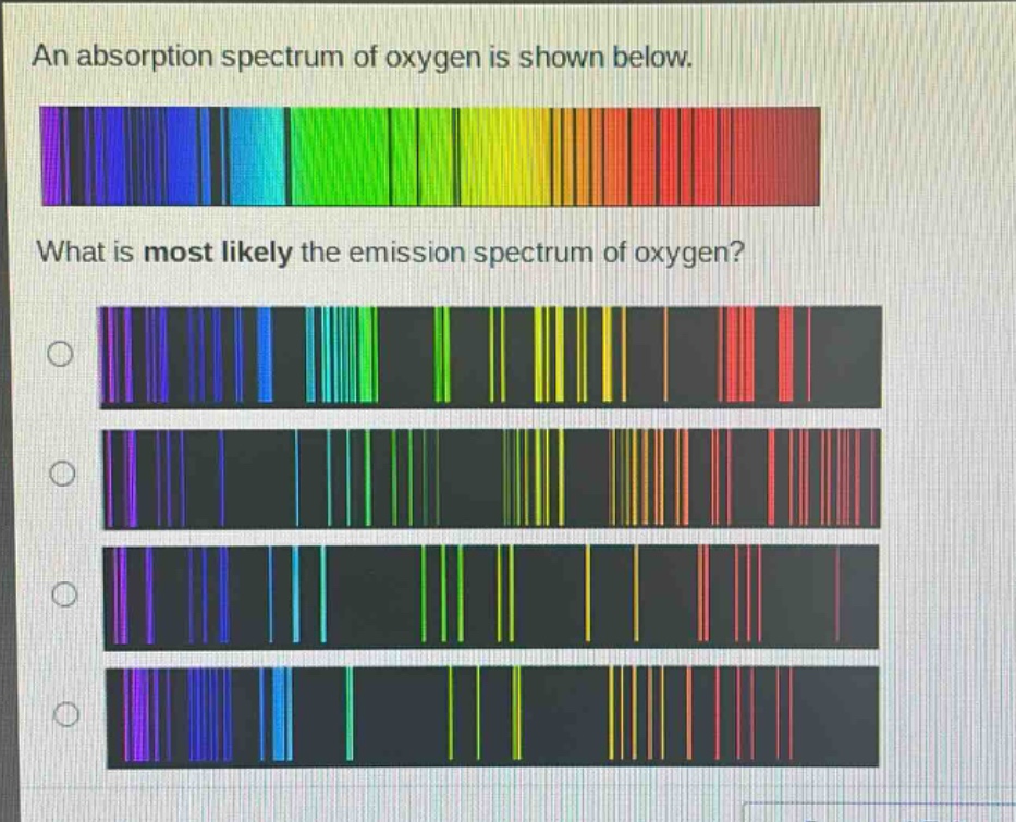 an absorption spectrum of oxygen is shown below. what is most likely the emission spectrum of oxygen?