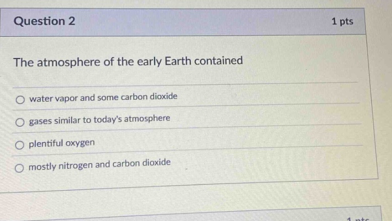 question 2 1 pts the atmosphere of the early earth contained water vapor and some carbon dioxide gases similar to todays atmosphere plentiful oxygen mostly nitrogen and carbon dioxide