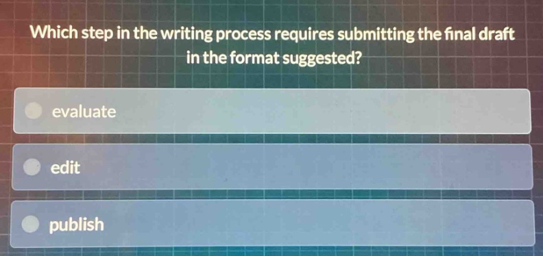 which step in the writing process requires submitting the final draft in the format suggested?\nevaluate\nedit\npublish