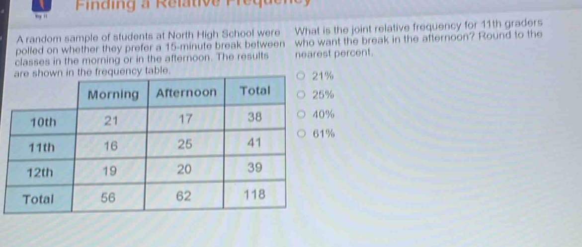 a random sample of students at north high school were polled on whether they prefer a 15 - minute break between classes in the morning or in the afternoon. the results are shown in the frequency table. what is the joint relative frequency for 11th graders who want the break in the afternoon? round to the nearest percent.\n| | morning | afternoon | total |\n|----|----|----|----|\n| 10th | 21 | 17 | 38 |\n| 11th | 16 | 25 | 41 |\n| 12th | 19 | 20 | 39 |\n| total | 56 | 62 | 118 |\n21%\n25%\n40%\n61%
