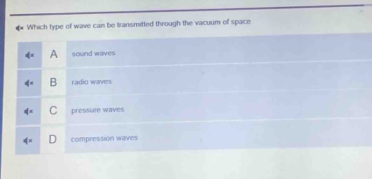 which type of wave can be transmitted through the vacuum of space\na sound waves\nb radio waves\nc pressure waves\nd compression waves